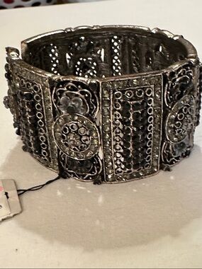 Cookie Lee Black and Silver Ornate Crystal Cuff Bracelet